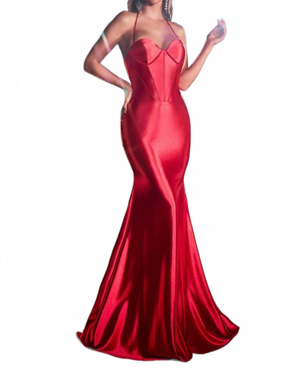 NEW CINDERELLA DIVINE halter satin corset fitted prom dress in red